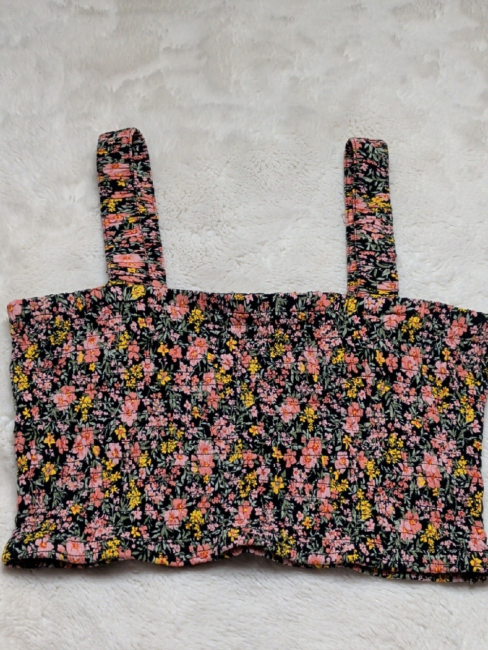 American Eagle Floral Smocked Crop Tank Top - Black with Pink & Yellow Flowers